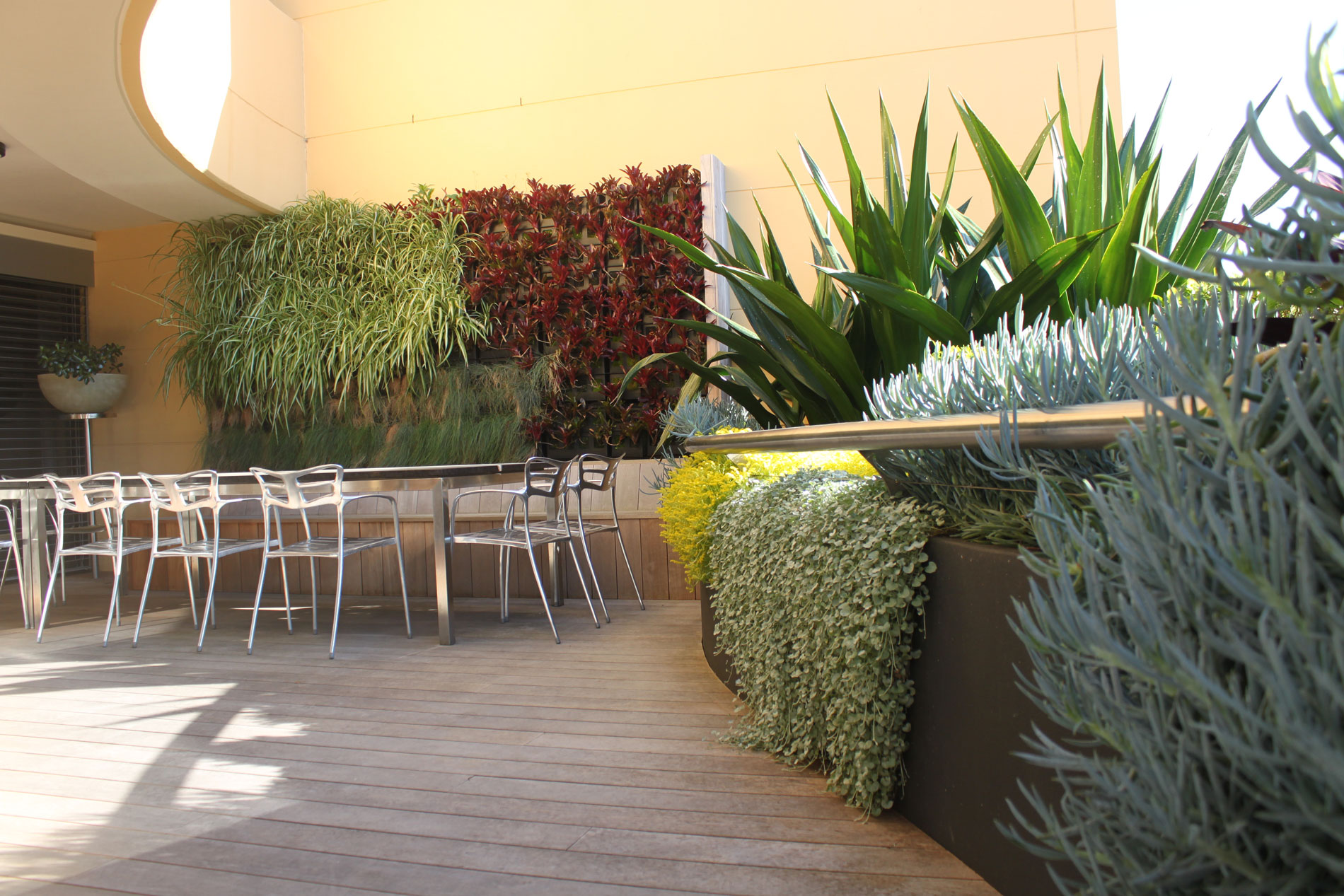 Table and chairs in front of growing wall